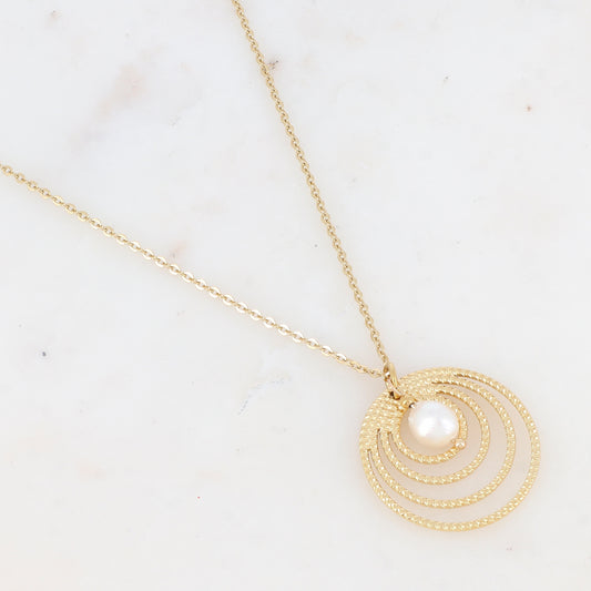 Collier avec pendentif en multi-anneaux et perle d'eau douce (55+5CM)