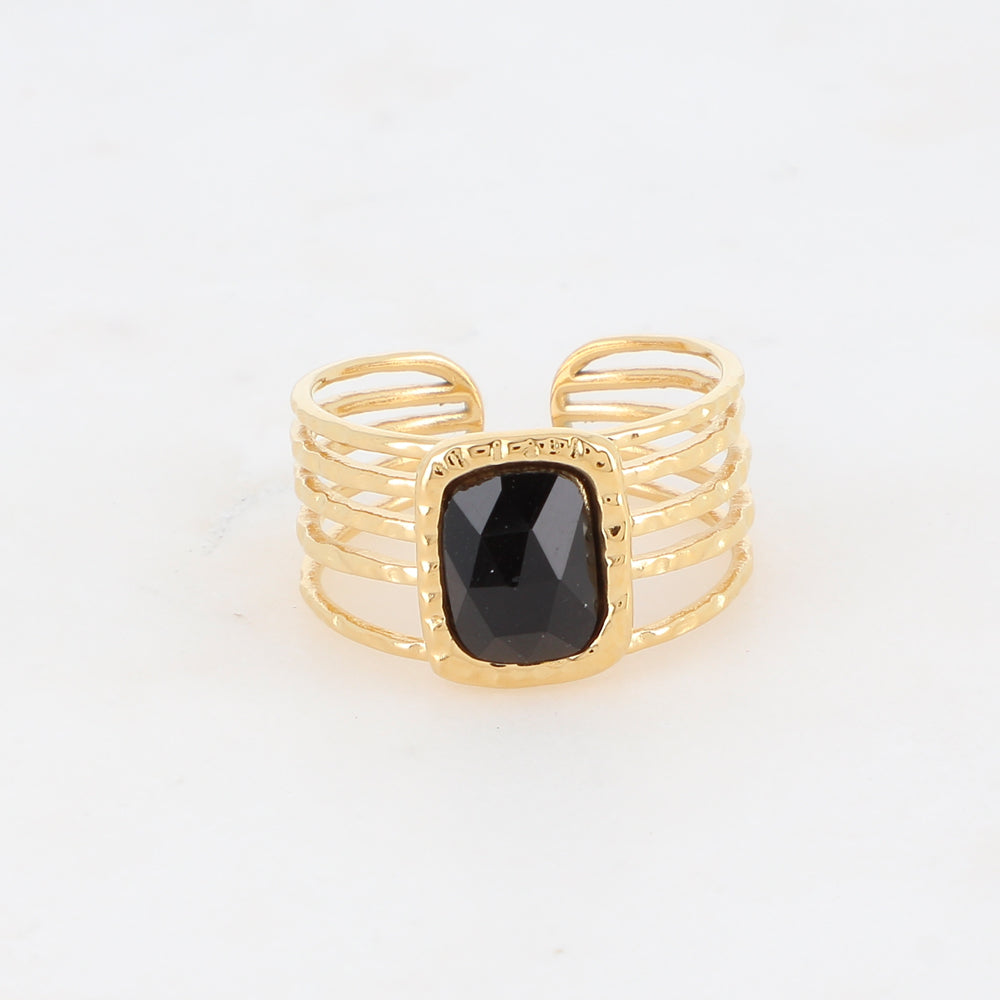 Bague 5 rangs sertie d'une pierre naturelle carrée - Onyx