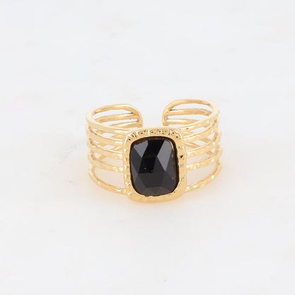 Bague 5 rangs sertie d'une pierre naturelle carrée - Onyx