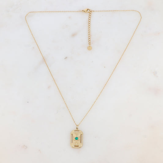 Collier avec pampille rectangulaire ajourée, étoile et pierre malachite