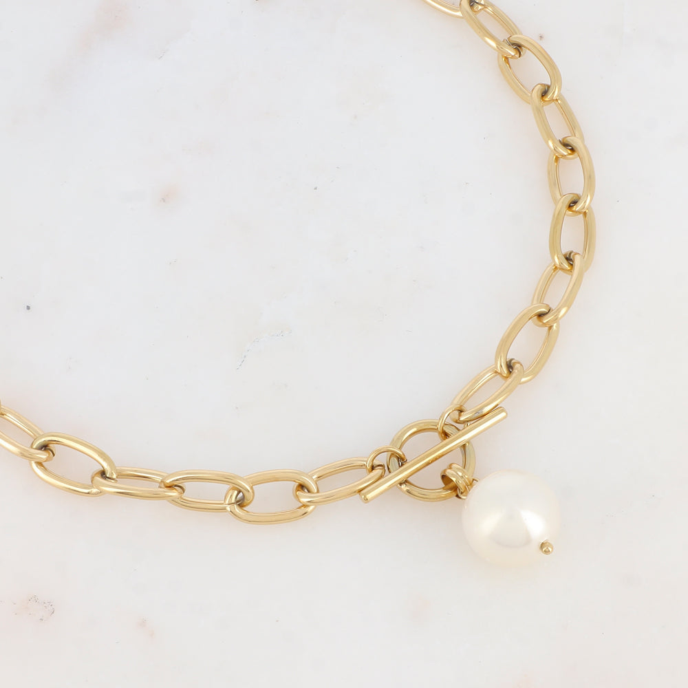 Collier en maille avec perle en résine effet nacré (45+7CM)