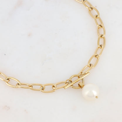 Collier en maille avec perle en résine effet nacré (45+7CM)