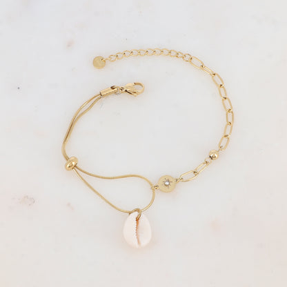 Bracelet en maille avec pendant cauri, pièce ronde strass, étoile, petite boule et rondelle