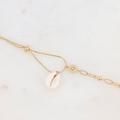Bracelet en maille avec pendant cauri, pièce ronde strass, étoile, petite boule et rondelle