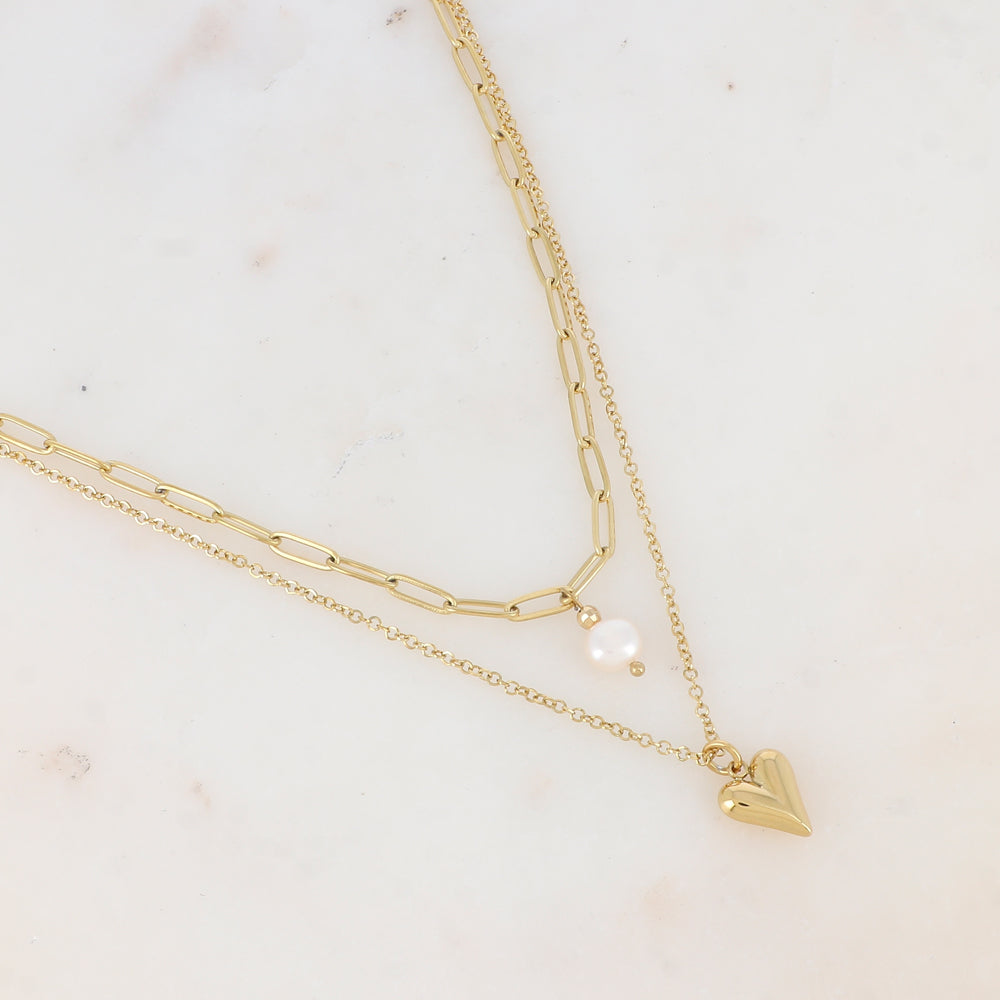 Collier 2 rangs avec maille, perle d'eau douce et cœur (38.5/40.5+5CM)