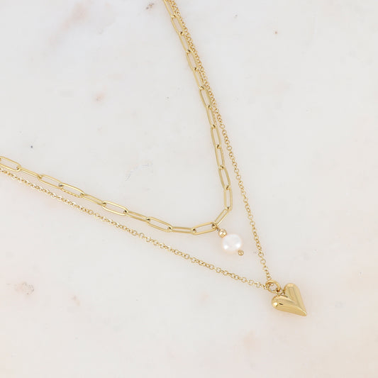 Collier 2 rangs avec maille, perle d'eau douce et cœur (38.5/40.5+5CM)