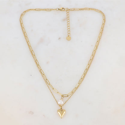 Collier 2 rangs avec maille, perle d'eau douce et cœur (38.5/40.5+5CM)