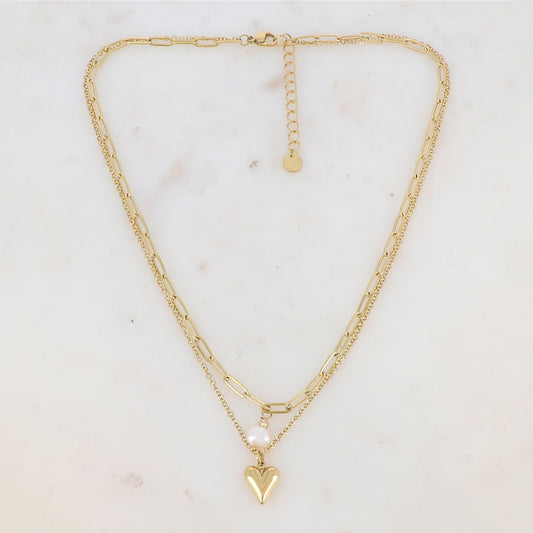 Collier 2 rangs avec maille, perle d'eau douce et cœur (38.5/40.5+5CM)
