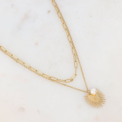 Collier 2 rangs avec maille, perle d'eau douce et pendant demi-soleil (38.5/40.5+5CM)