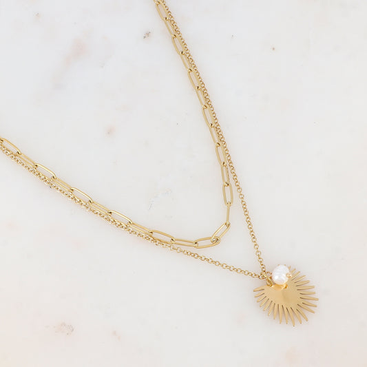 Collier 2 rangs avec maille, perle d'eau douce et pendant demi-soleil (38.5/40.5+5CM)