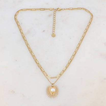 Collier 2 rangs avec maille, perle d'eau douce et pendant demi-soleil (38.5/40.5+5CM)