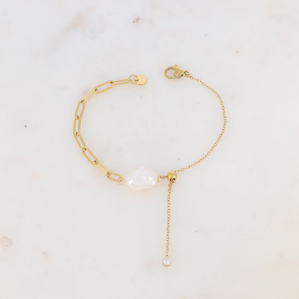 Bracelet en maille avec perle d'eau douce et oxyde de zirconium