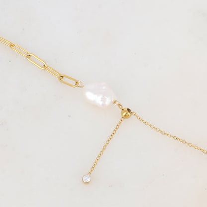Bracelet en maille avec perle d'eau douce et oxyde de zirconium