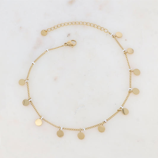 Chaîne de cheville avec pampilles rondes et petites rondelles émaillées (22.5+5CM)