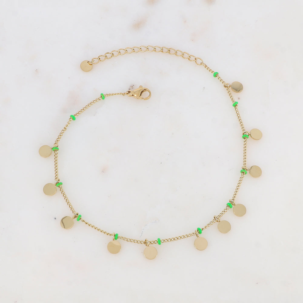 Chaîne de cheville avec pampilles rondes et petites rondelles émaillées (22.5+5CM)