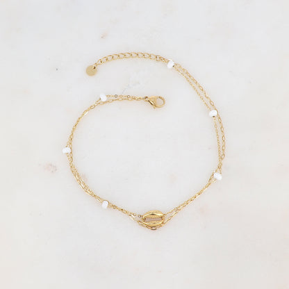 Chaîne de cheville deux rangs avec boules émaillées et cauri (22 + 3CM)