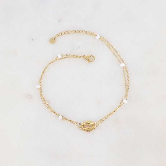 Chaîne de cheville deux rangs avec boules émaillées et cauri (22 + 3CM)