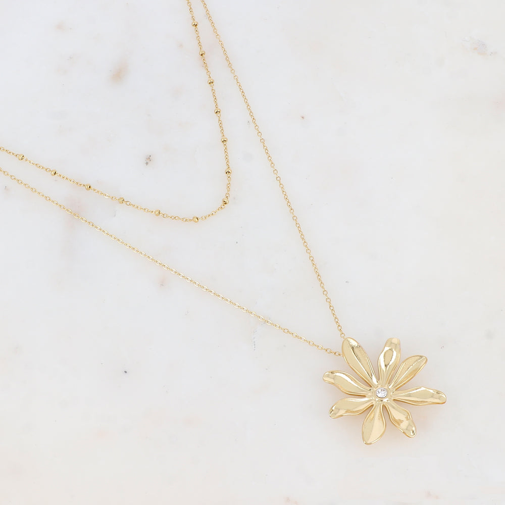 Collier 2 rangs avec pendentif fleur et strass (39/44+7CM)