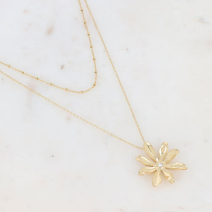 Collier 2 rangs avec pendentif fleur et strass (39/44+7CM)
