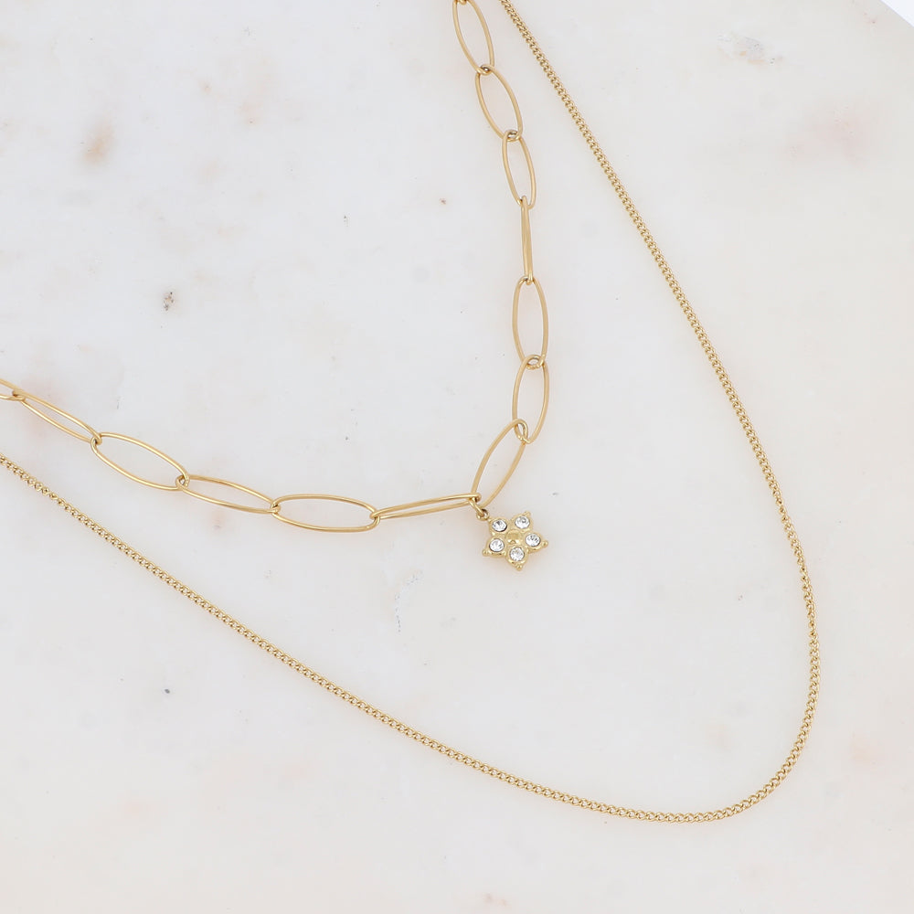 Collier 2 rangs en maille avec pendentif strassé (38/50+7CM)