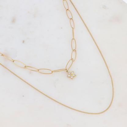 Collier 2 rangs en maille avec pendentif strassé (38/50+7CM)