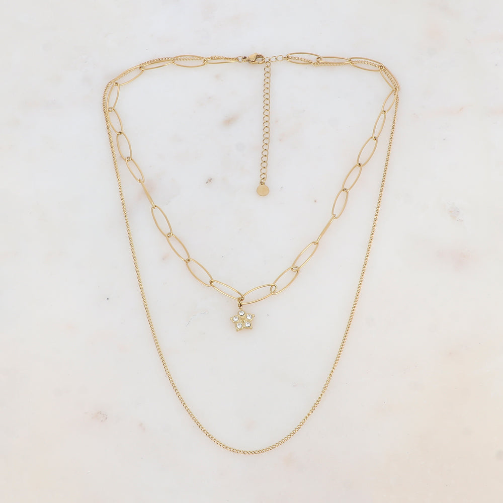 Collier 2 rangs en maille avec pendentif strassé (38/50+7CM)