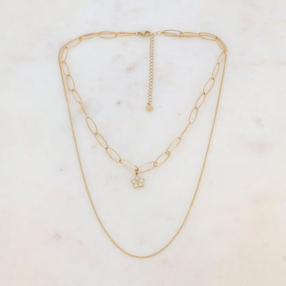 Collier 2 rangs en maille avec pendentif strassé (38/50+7CM)