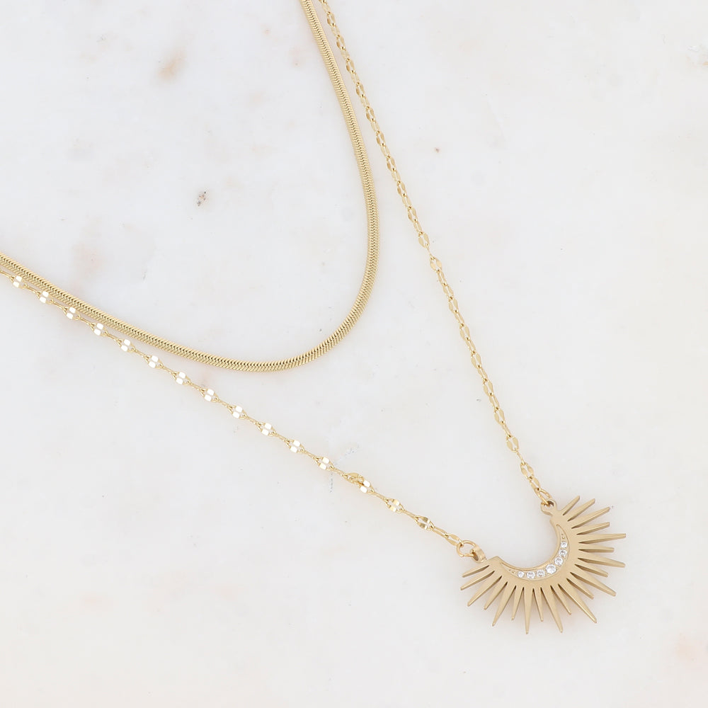 Collier 2 rangs en maille avec pendentif strassé (38/41+7CM)