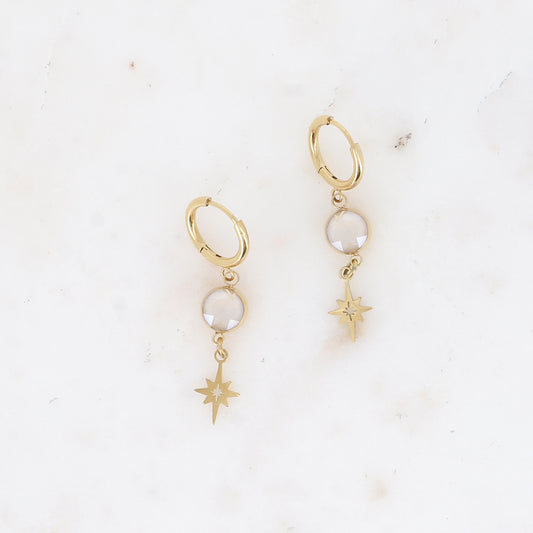 Créoles - cristaux SS29 et pampille étoile ajourée - Ivory cream 7 x 38 mm