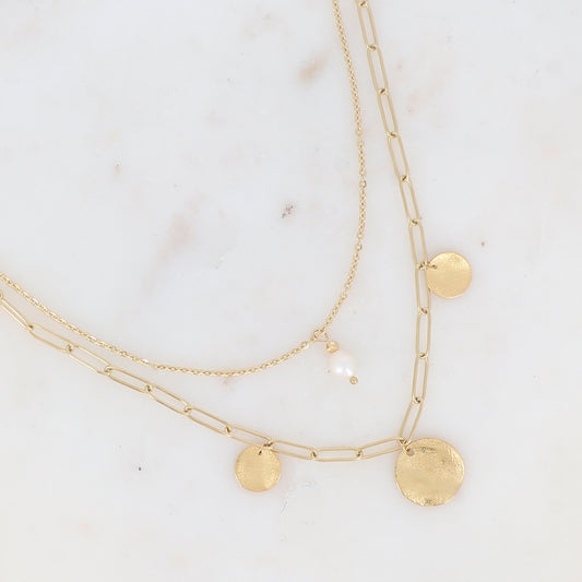 Collier double rangs en maille avec pampilles rondes texturées et perle d'eau douce