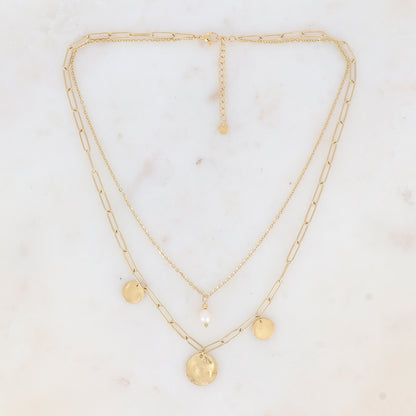 Collier double rangs en maille avec pampilles rondes texturées et perle d'eau douce