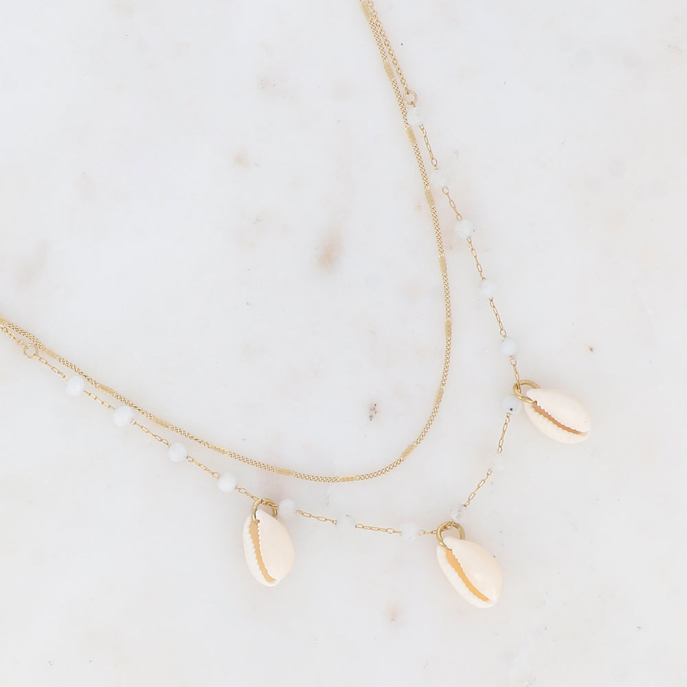 Collier double rangs avec pierres naturelles et cauri naturel (38/40+5CM)
