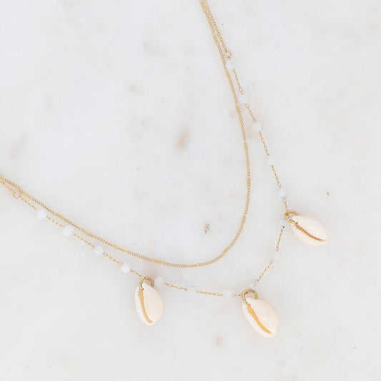 Collier double rangs avec pierres naturelles et cauri naturel (38/40+5CM)