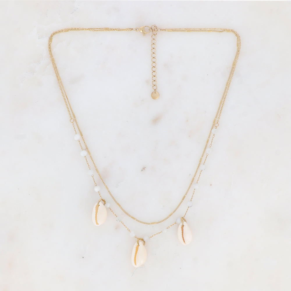 Collier double rangs avec pierres naturelles et cauri naturel (38/40+5CM)