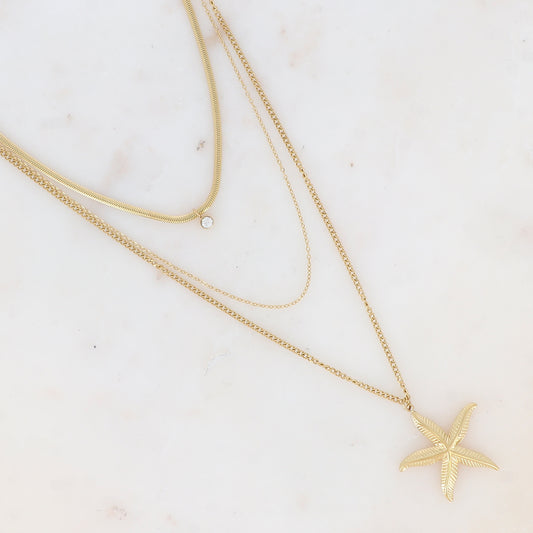 Collier 3 rangs avec maille, pendentif étoile de mer texturée et oxyde de zirconium (38/44/50+7CM)