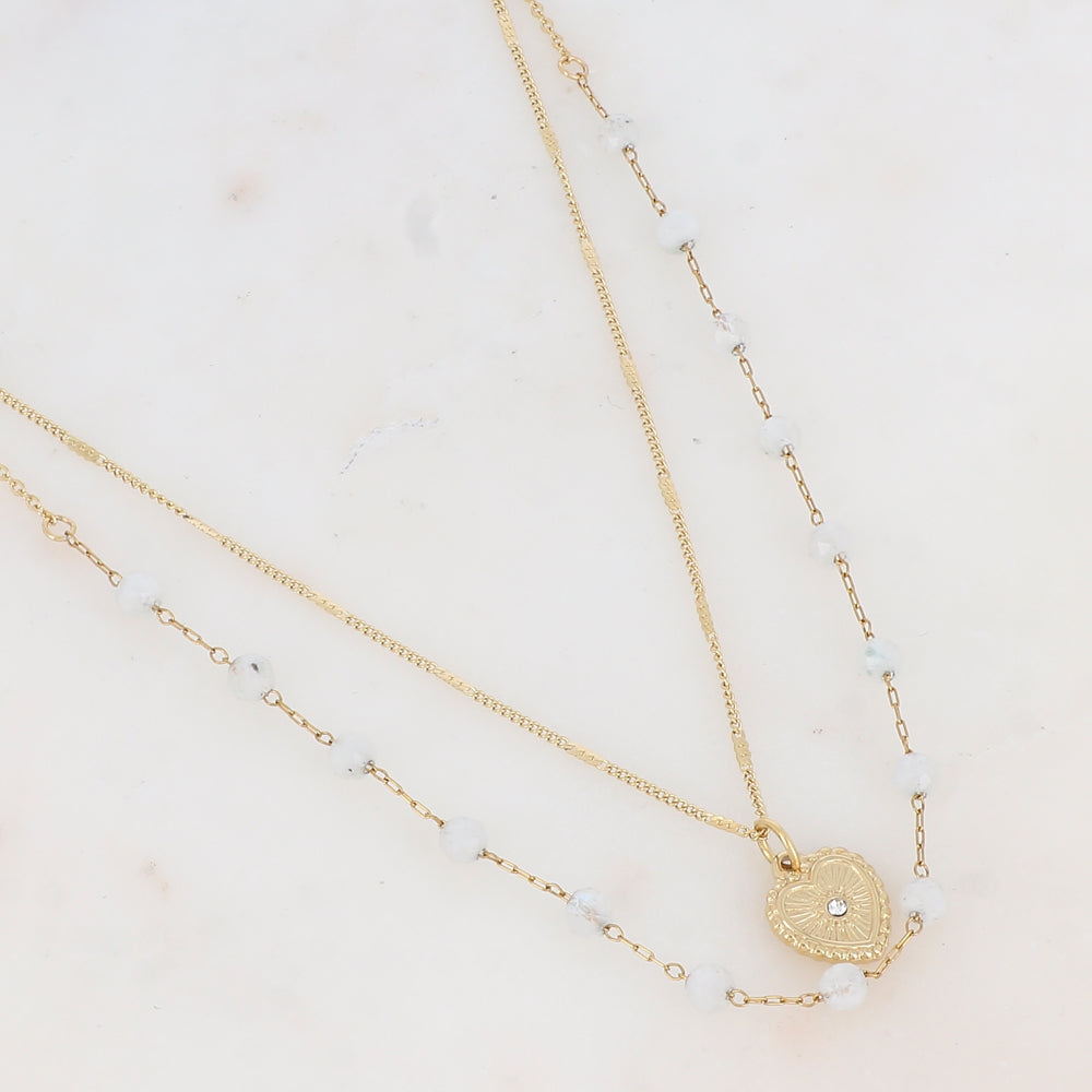 Collier double rangs avec pierres naturelles et cœur strassé (38/40+5CM)