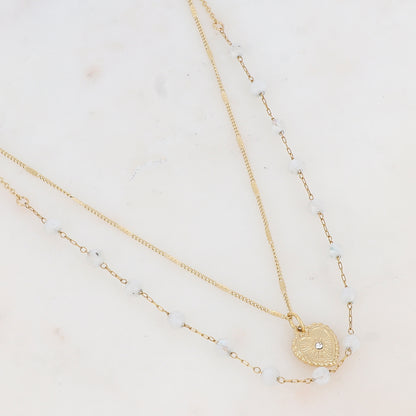 Collier double rangs avec pierres naturelles et cœur strassé (38/40+5CM)
