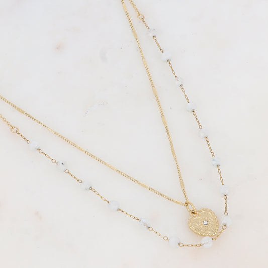 Collier double rangs avec pierres naturelles et cœur strassé (38/40+5CM)