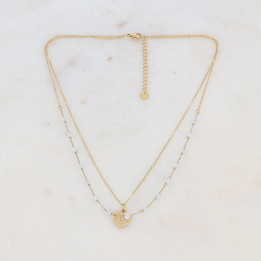 Collier double rangs avec pierres naturelles et cœur strassé (38/40+5CM)