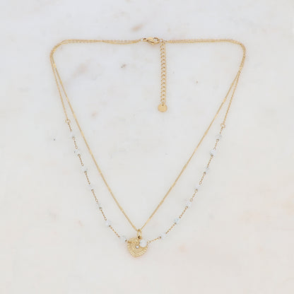 Collier double rangs avec pierres naturelles et cœur strassé (38/40+5CM)