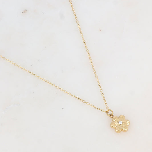 Collier avec pendentif forme fleur strassée (40+5CM)