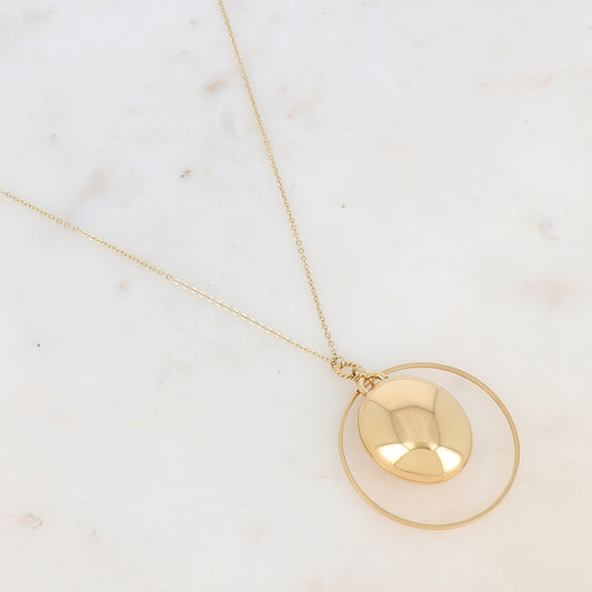 Sautoir avec anneau rond et pendentif ovale bombé avec un effet miroir et lisse (65+5CM)
