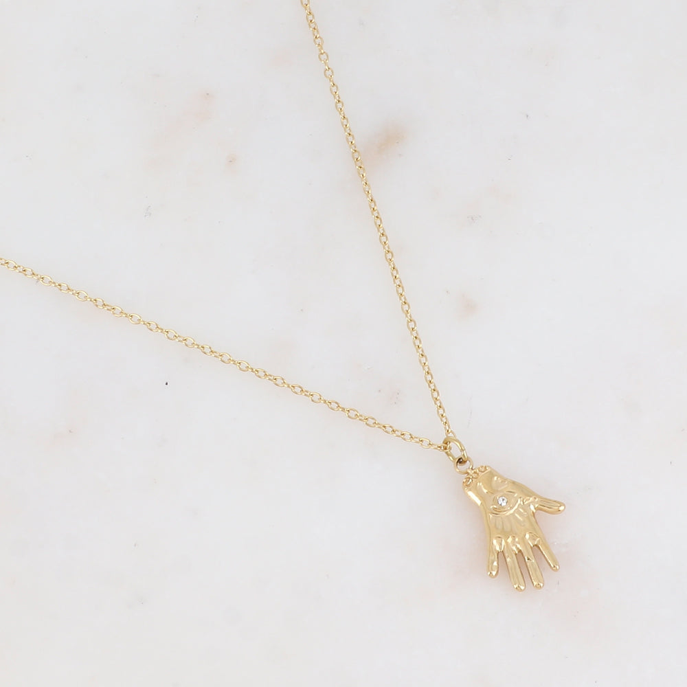 Collier avec pampille forme main orné d'un œil strassé