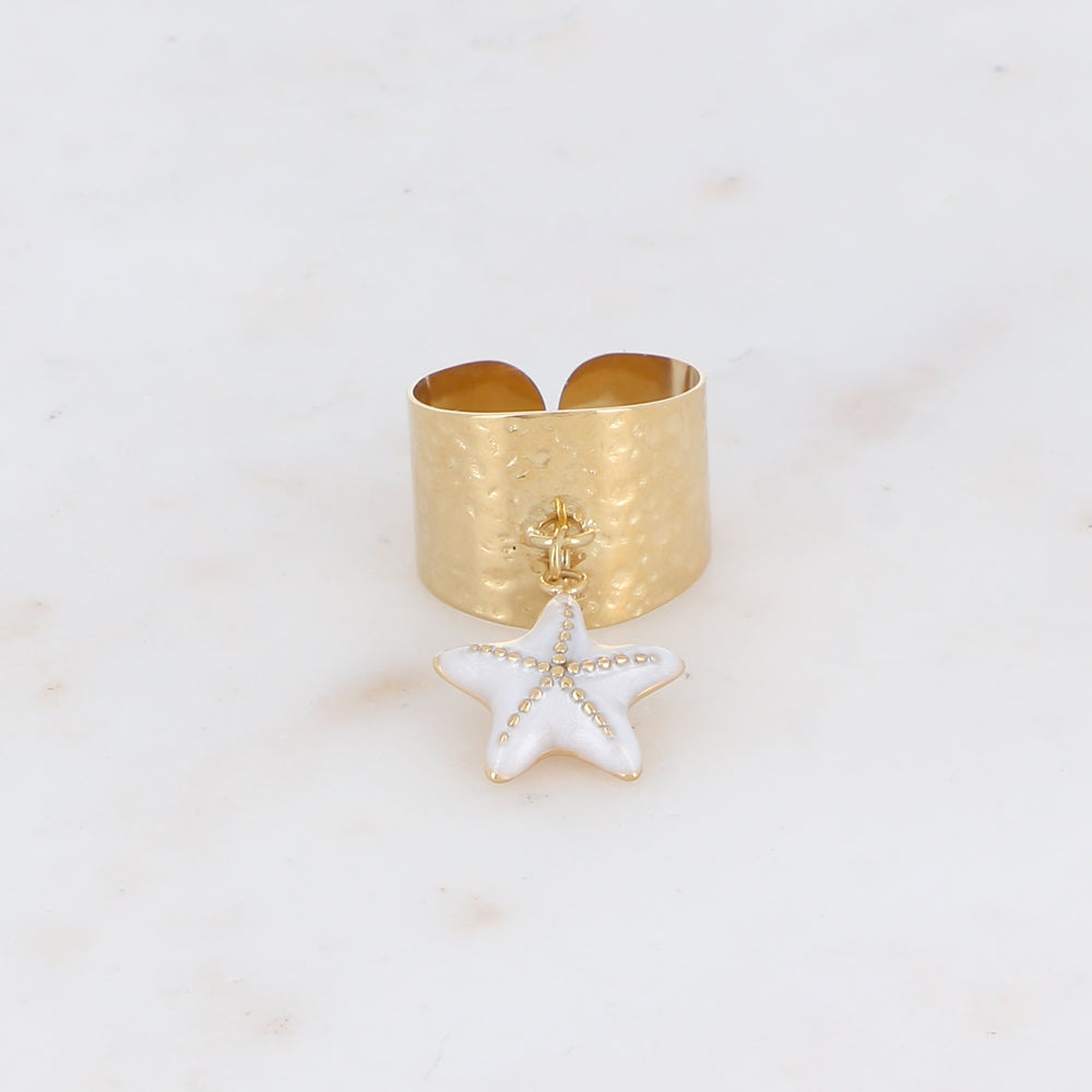 Bague martelée avec pampille étoile de mer émaillée - Blanc