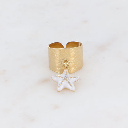 Bague martelée avec pampille étoile de mer émaillée - Blanc