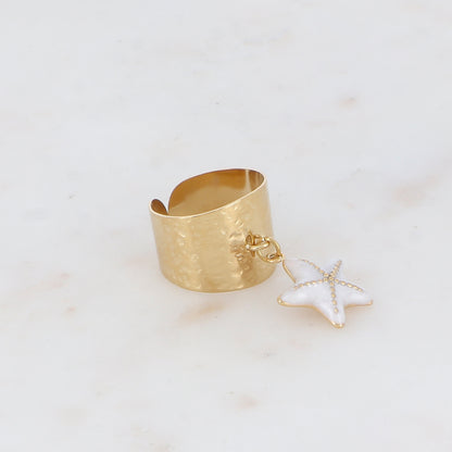 Bague martelée avec pampille étoile de mer émaillée - Blanc
