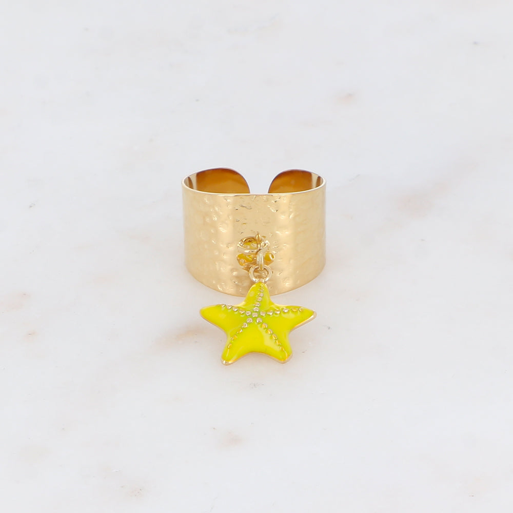 Bague martelée avec pampille étoile de mer émaillée - Jaune