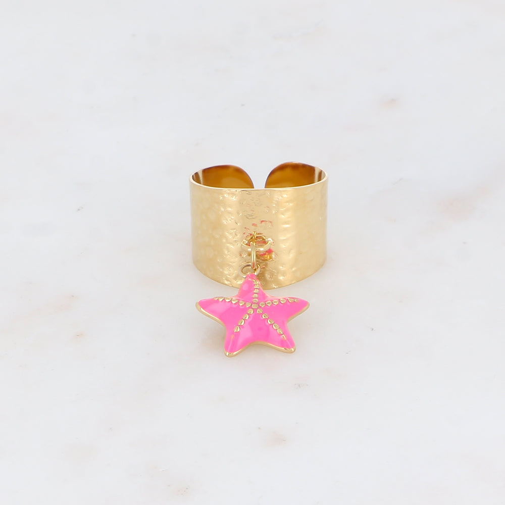 Bague martelée avec pampille étoile de mer émaillée - Fuchsia