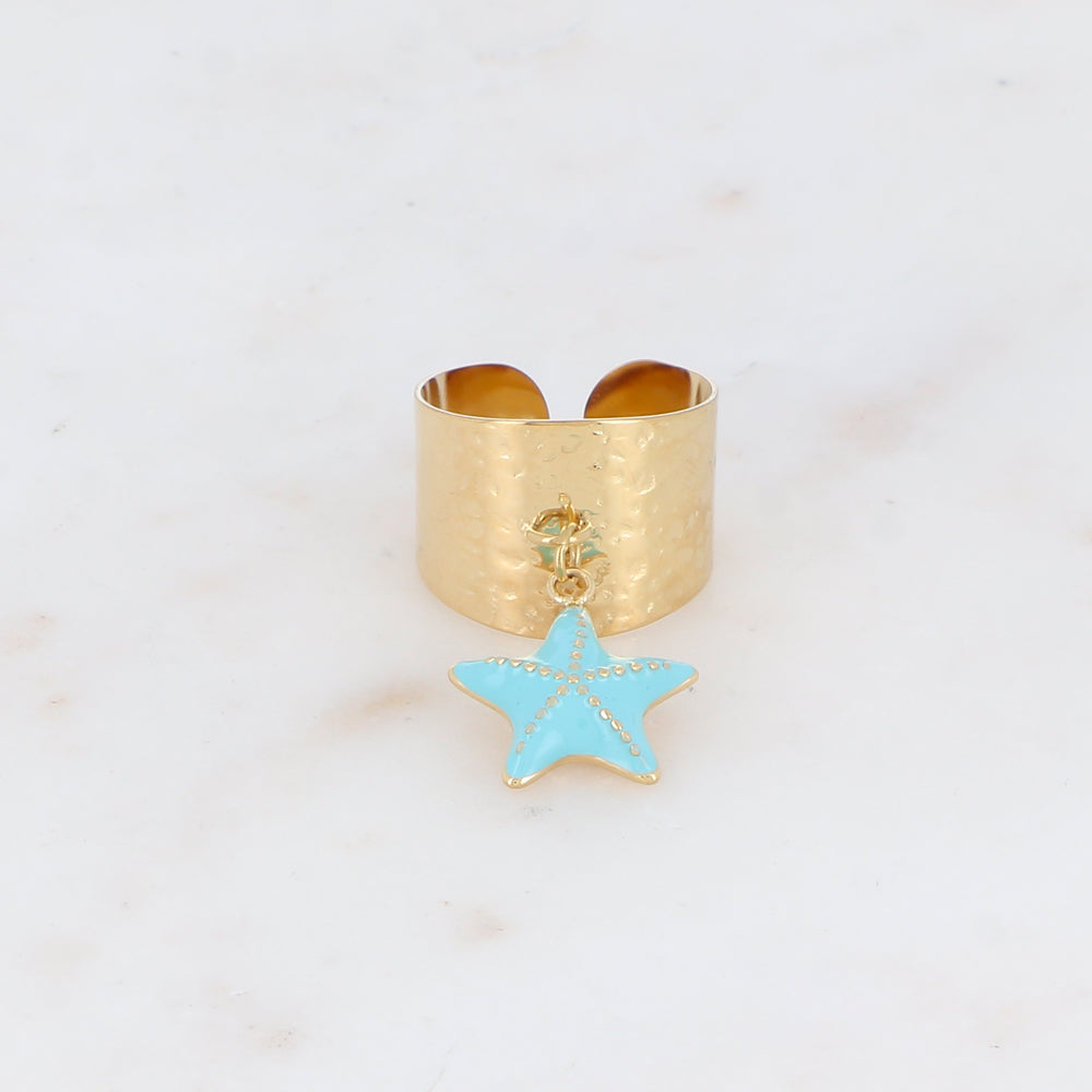 Bague martelée avec pampille étoile de mer émaillée - Turquoise
