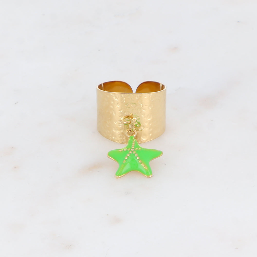 Bague martelée avec pampille étoile de mer émaillée - Vert clair
